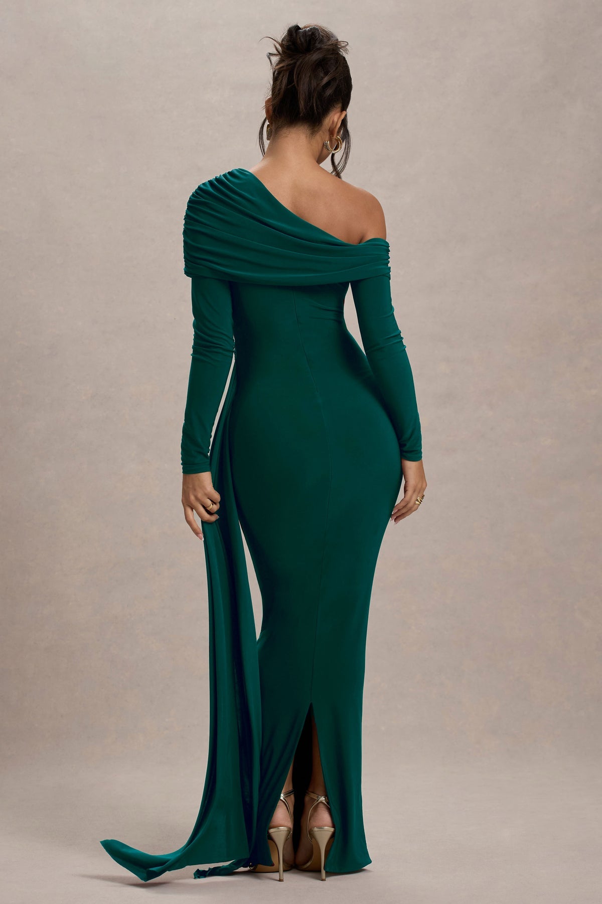 Women’s Evening Gown - Off Shoulder - Long Sleeve - Fitted Silhouette - Side Drape