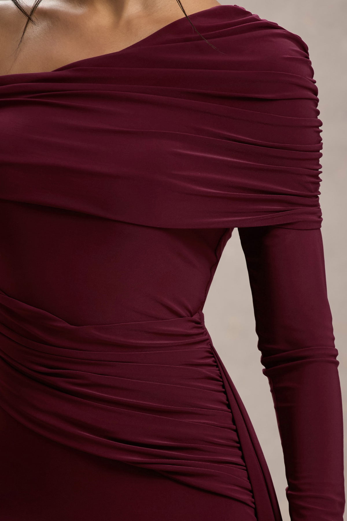 Women’s Evening Gown - Off Shoulder - Long Sleeve - Fitted Silhouette - Side Drape