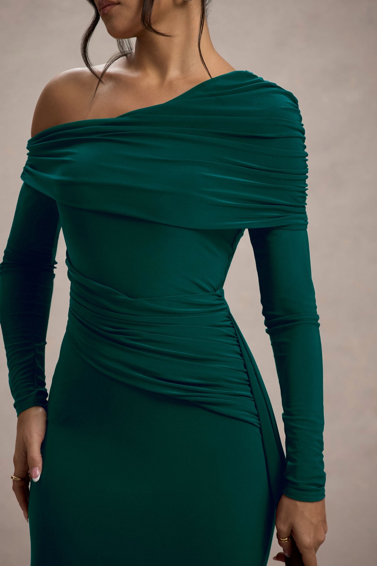Women’s Evening Gown - Off Shoulder - Long Sleeve - Fitted Silhouette - Side Drape