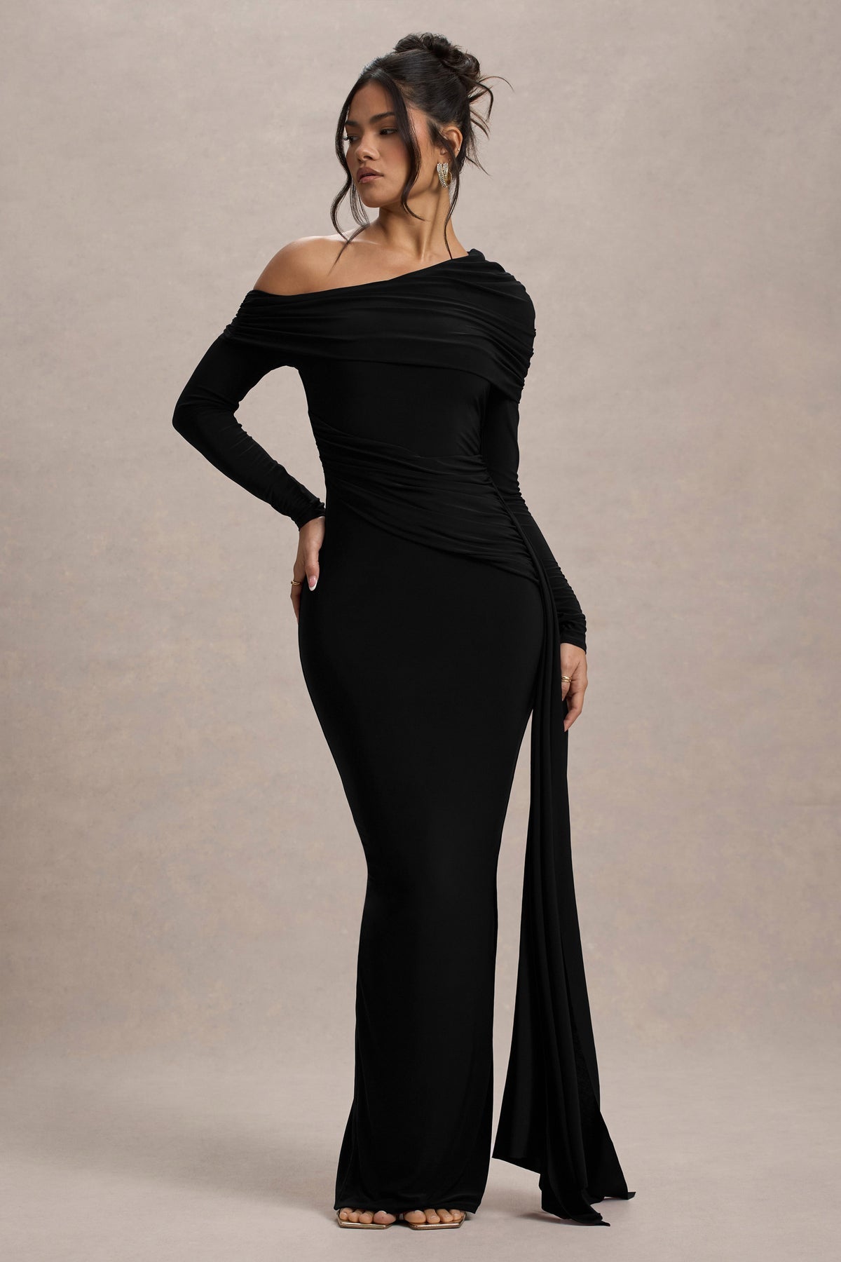 Women’s Evening Gown - One Shoulder - Long Sleeve - Draped Neckline - Fitted Silhouette