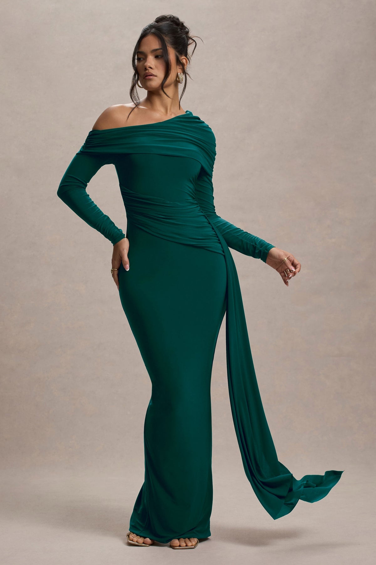 Women’s Evening Gown - One Shoulder - Long Sleeve - Draped Neckline - Fitted Silhouette