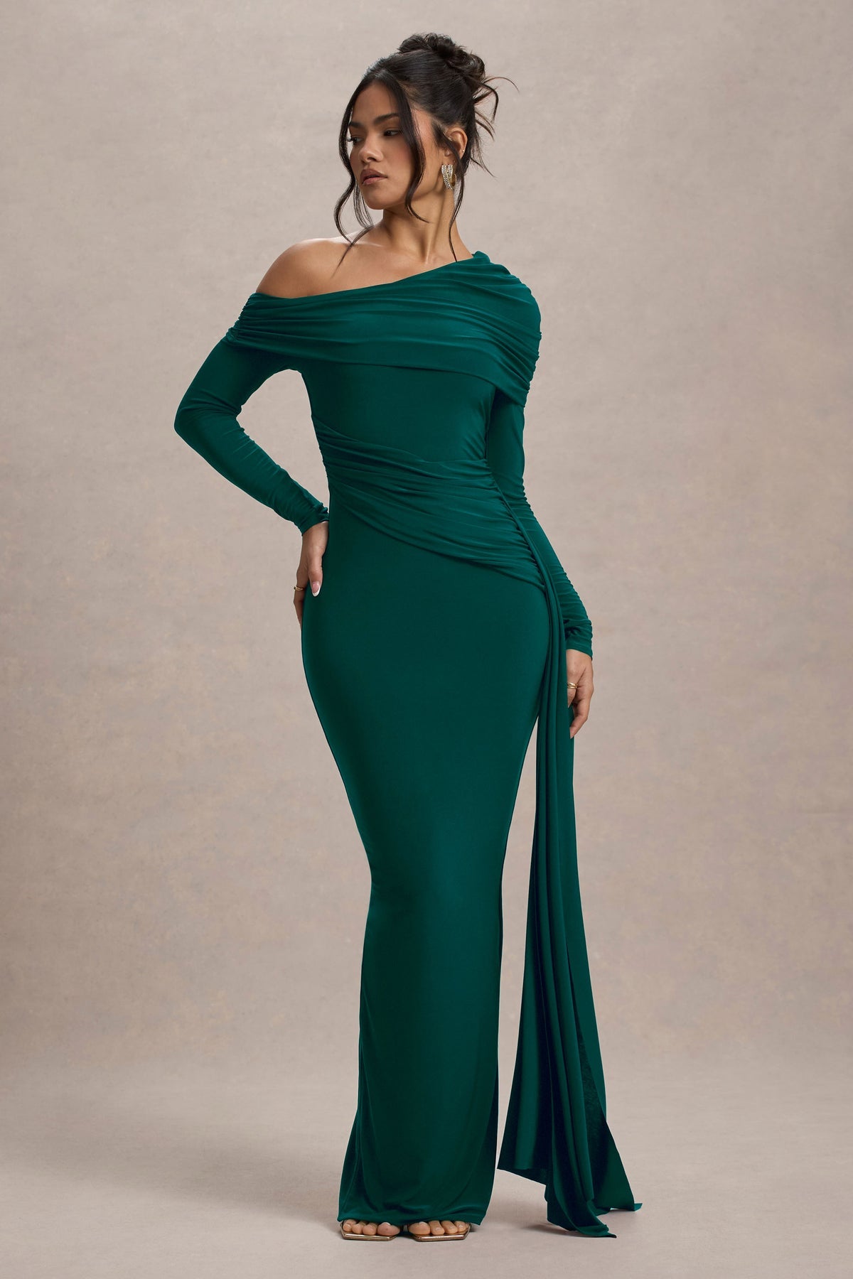 Women’s Evening Gown - Off Shoulder - Long Sleeve - Fitted Silhouette - Side Drape