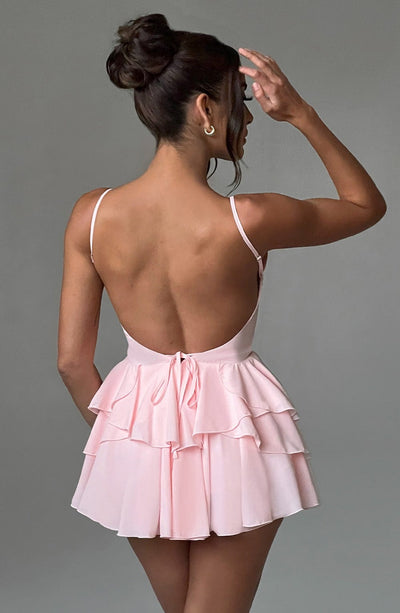 Women’s Mini Dress - Plunging V-Neck - Spaghetti Straps - Tiered Ruffle Skirt - Fitted Waist