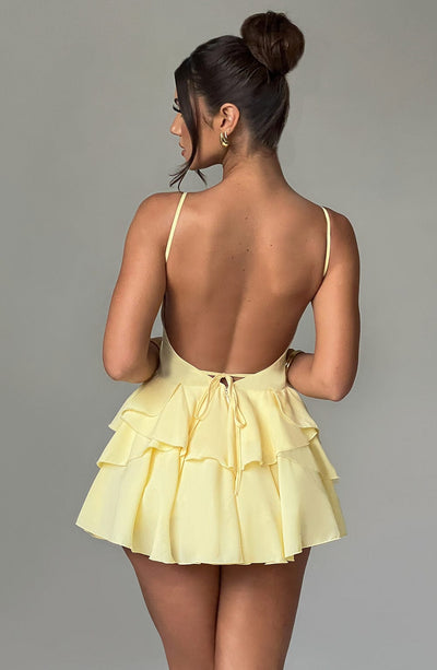 Women’s Mini Dress - Plunging Neckline - Spaghetti Straps - Ruffle Skirt Elegant Fit