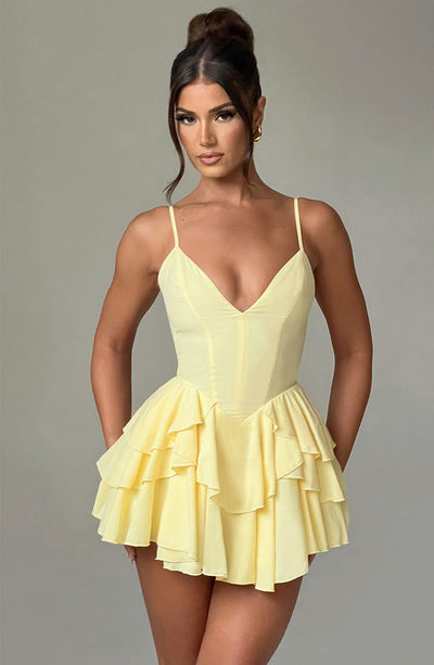Women’s Mini Dress - Plunging Neckline - Spaghetti Straps - Ruffle Skirt Elegant Fit