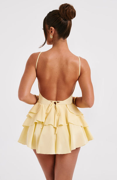 Women’s Mini Dress - Plunging Neckline - Spaghetti Straps - Ruffle Skirt Elegant Fit