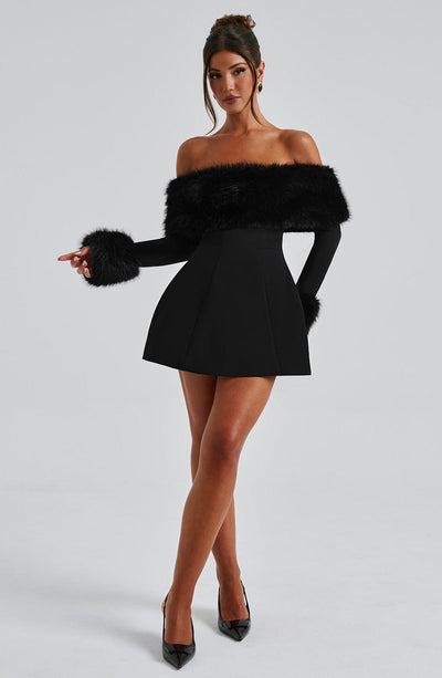 Women’s Mini Dress – Off-Shoulder – Faux Fur Trim – A-Line Silhouette – Elegant Fit
