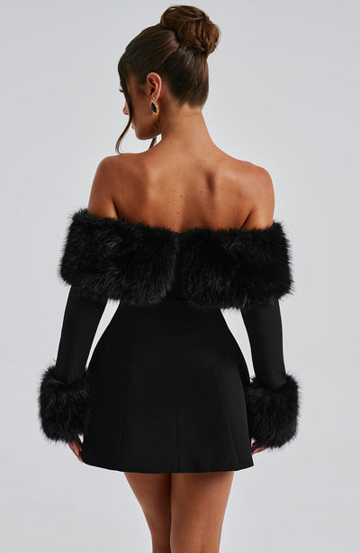 Women’s Mini Dress – Off-Shoulder – Faux Fur Trim – A-Line Silhouette – Elegant Fit