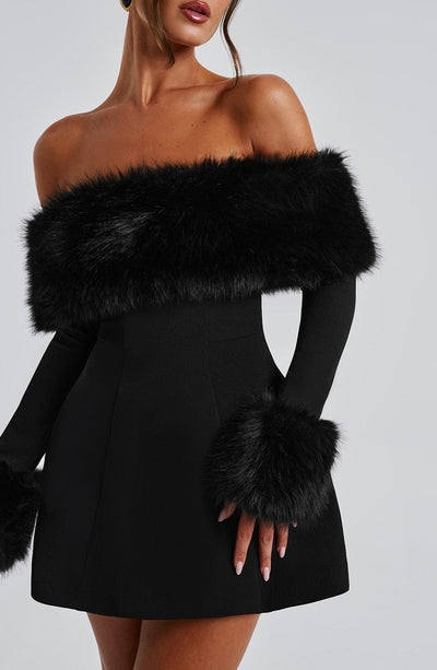 Women’s Mini Dress – Off-Shoulder – Faux Fur Trim – A-Line Silhouette – Elegant Fit
