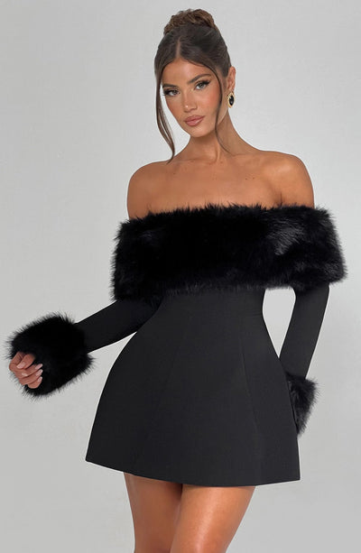 Women’s Mini Dress – Off-Shoulder – Faux Fur Trim – A-Line Silhouette – Elegant Fit