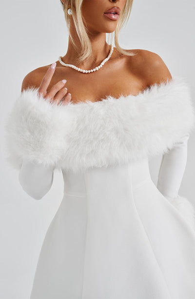 Women’s Mini Dress – Off-Shoulder – Faux Fur Trim – A-Line Silhouette – Elegant Fit