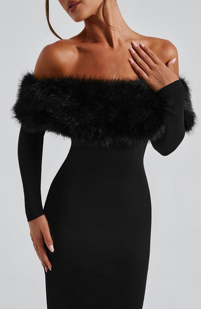 Women’s Midi Dress – Off-the-Shoulder – Fur Trim – Bodycon Fit – Long Sleeve Elegant Style