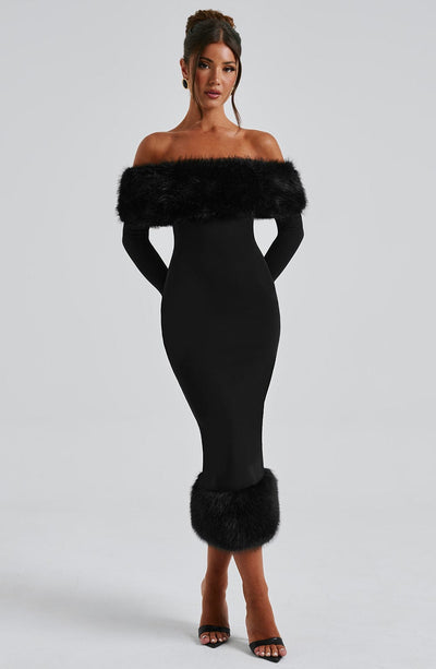 Women’s Midi Dress – Off-the-Shoulder – Fur Trim – Bodycon Fit – Long Sleeve Elegant Style