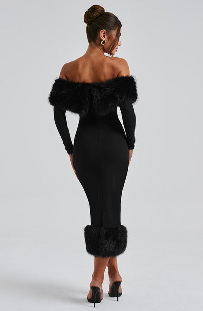 Women’s Midi Dress – Off-the-Shoulder – Fur Trim – Bodycon Fit – Long Sleeve Elegant Style
