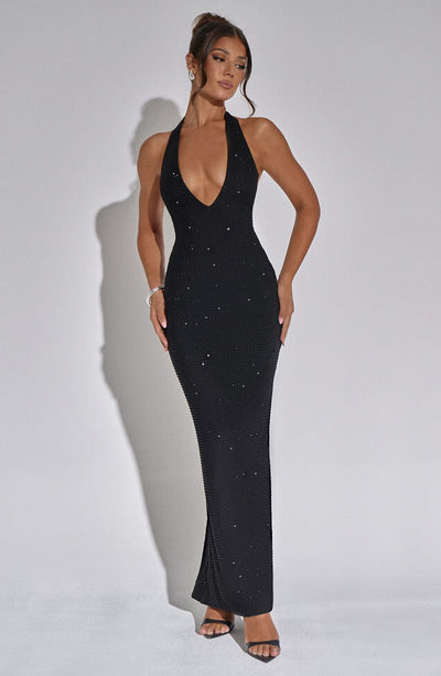 Women’s Halter Neck Gown - Deep V Neckline - Floor Length - Slim Fit Elegant Dress