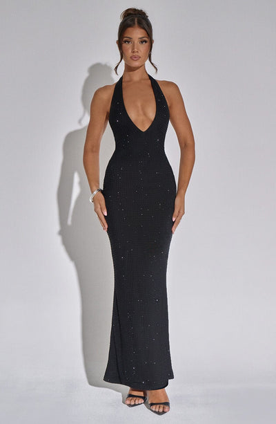 Women’s Halter Neck Gown - Deep V Neckline - Floor Length - Slim Fit Elegant Dress