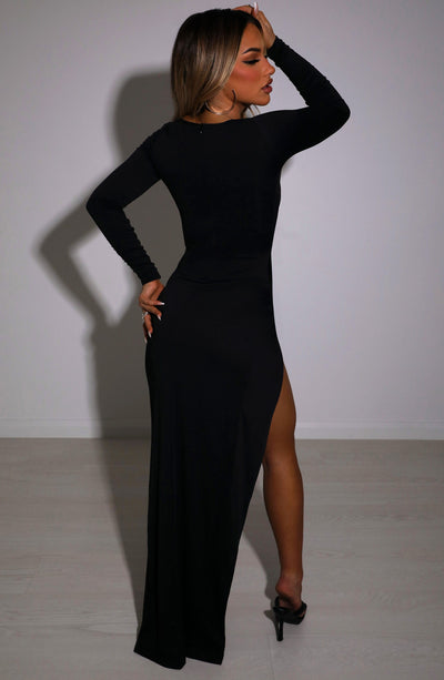 Women’s Cut-Out Dress - Long Sleeve - Bodycon Fit - High Slit Elegant Evening Wear