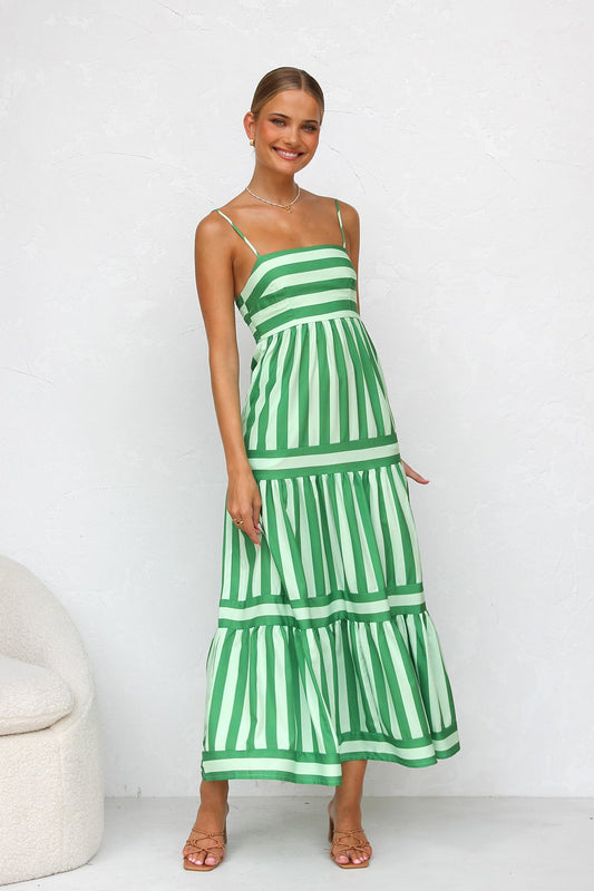 Women’s Maxi Dress - Striped Pattern - Spaghetti Straps - Tiered Lightweight Fabric