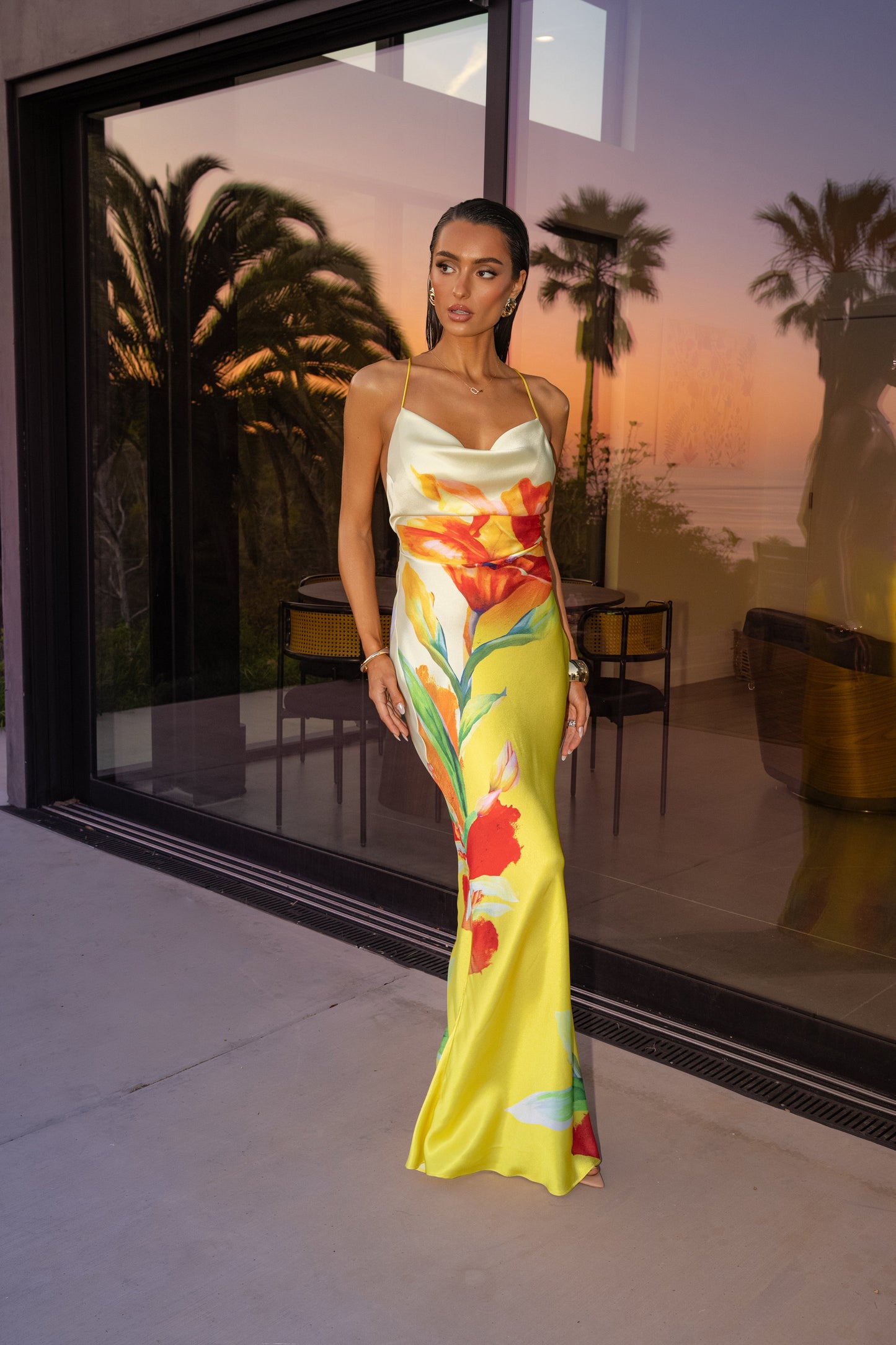 Women’s Gown Dress - Cowl Neck - Spaghetti Straps - Floral Print - Elegant Slim Fit