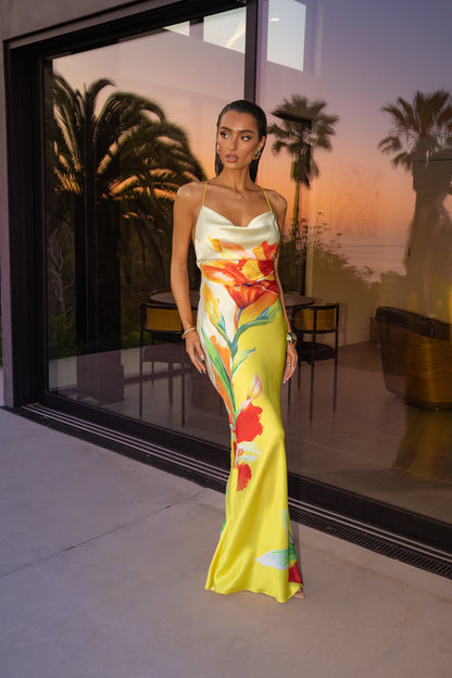 Women’s Gown Dress - Cowl Neck - Spaghetti Straps - Floral Print - Elegant Slim Fit