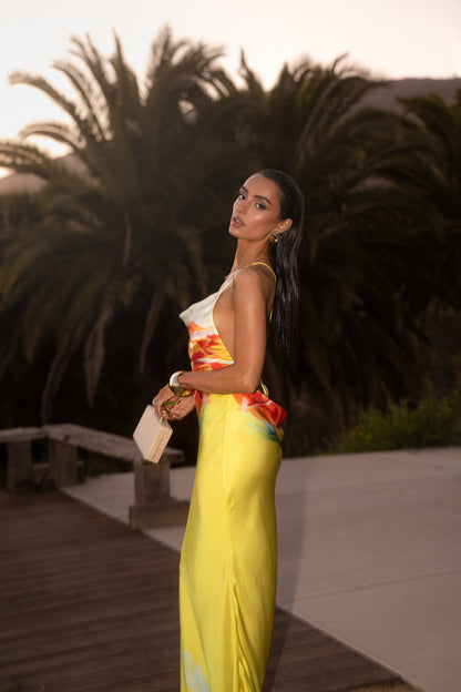 Women’s Gown Dress - Cowl Neck - Spaghetti Straps - Floral Print - Elegant Slim Fit