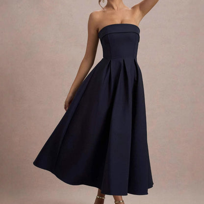 Women’s Strapless Midi Dress - Fitted Bodice - A-Line Silhouette - Elegant Formal Wear
