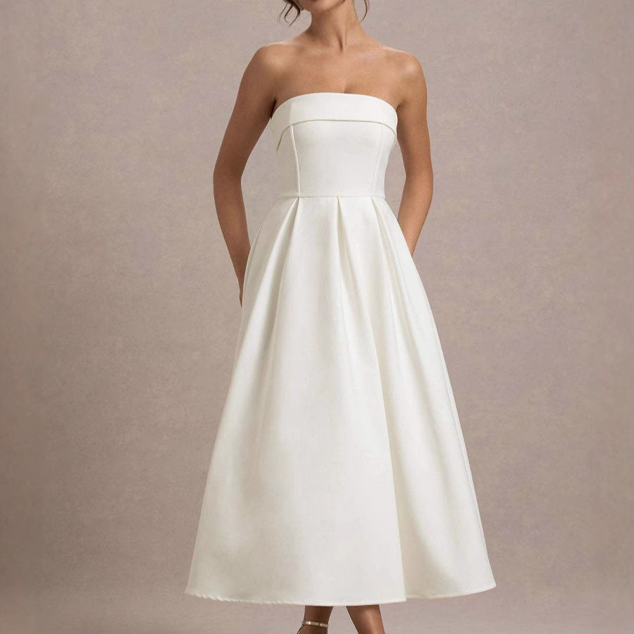 Women’s Strapless Midi Dress - Fitted Bodice - A-Line Silhouette - Elegant Formal Wear