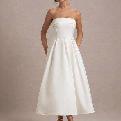Women’s Strapless Midi Dress - Fitted Bodice - A-Line Silhouette - Elegant Formal Wear