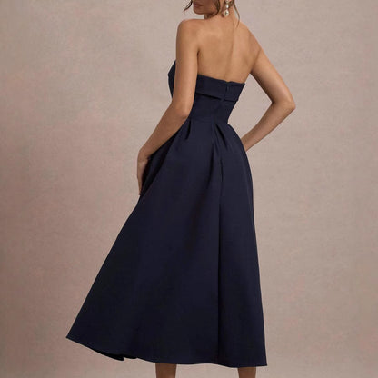 Women’s Strapless Midi Dress - Fitted Bodice - A-Line Silhouette - Elegant Formal Wear