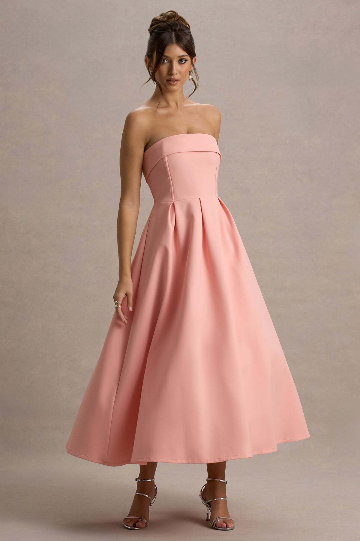 Women’s Strapless Midi Dress - Fitted Bodice - A-Line Silhouette - Elegant Formal Wear