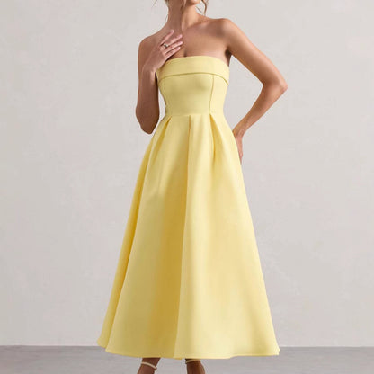 Women’s Strapless Midi Dress - Fitted Bodice - A-Line Silhouette - Elegant Formal Wear