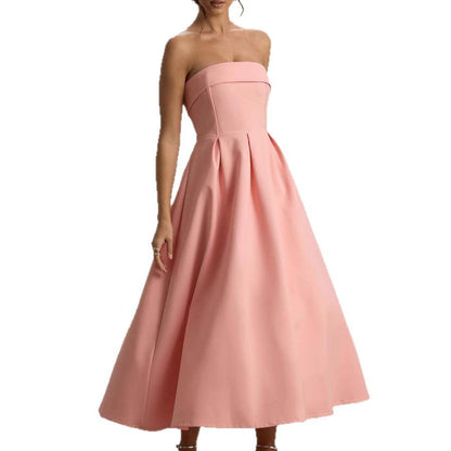 Women’s Strapless Midi Dress - Fitted Bodice - A-Line Silhouette - Elegant Formal Wear