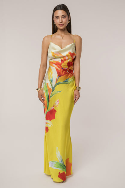 Women’s Gown Dress - Cowl Neck - Spaghetti Straps - Floral Print - Elegant Slim Fit