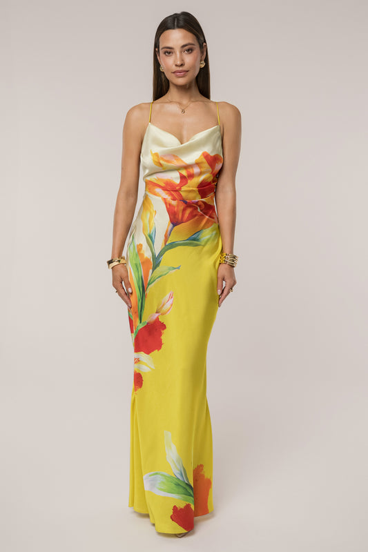Women’s Gown Dress - Cowl Neck - Spaghetti Straps - Floral Print - Elegant Slim Fit