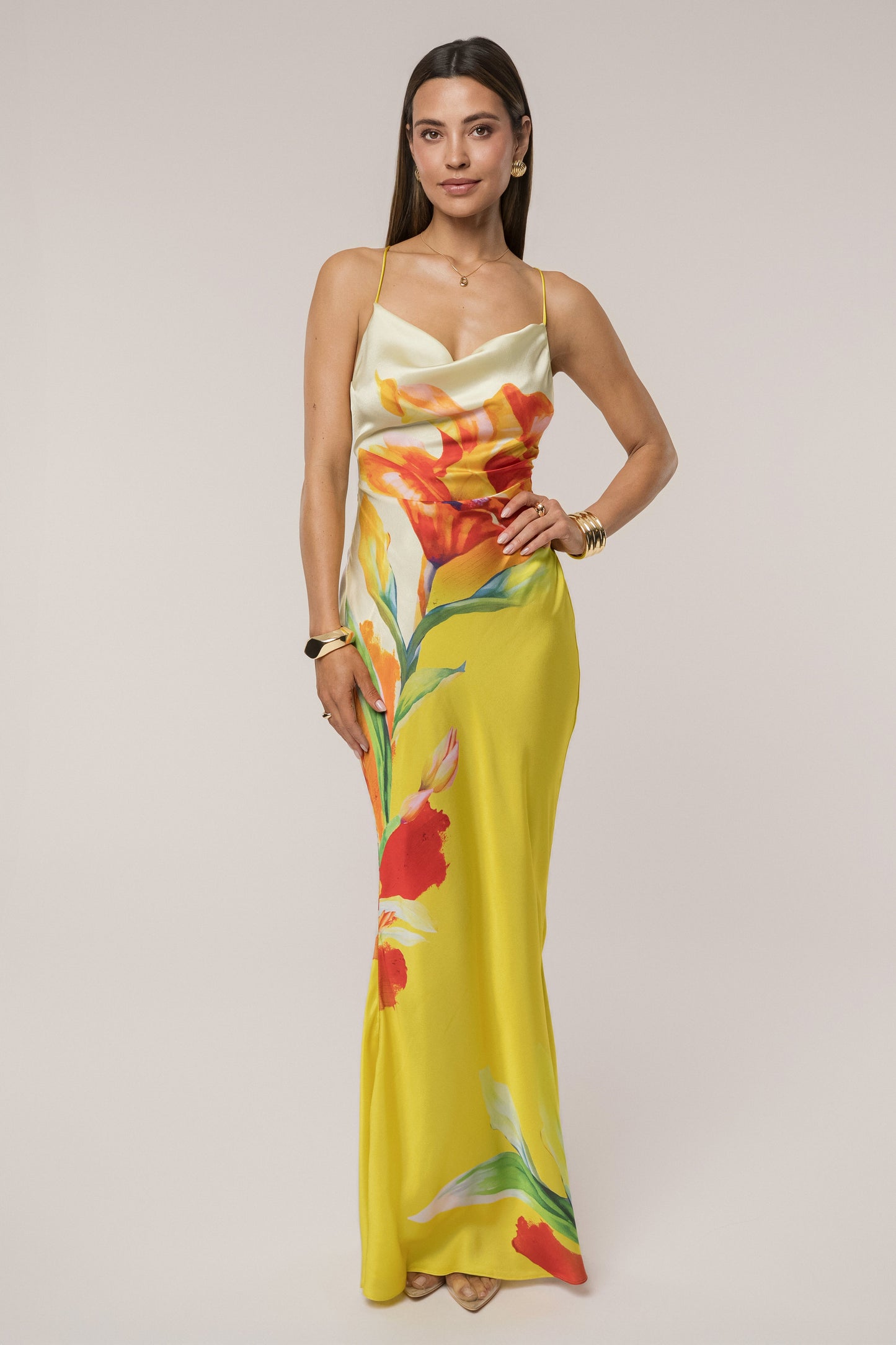 Women’s Gown Dress - Cowl Neck - Spaghetti Straps - Floral Print - Elegant Slim Fit