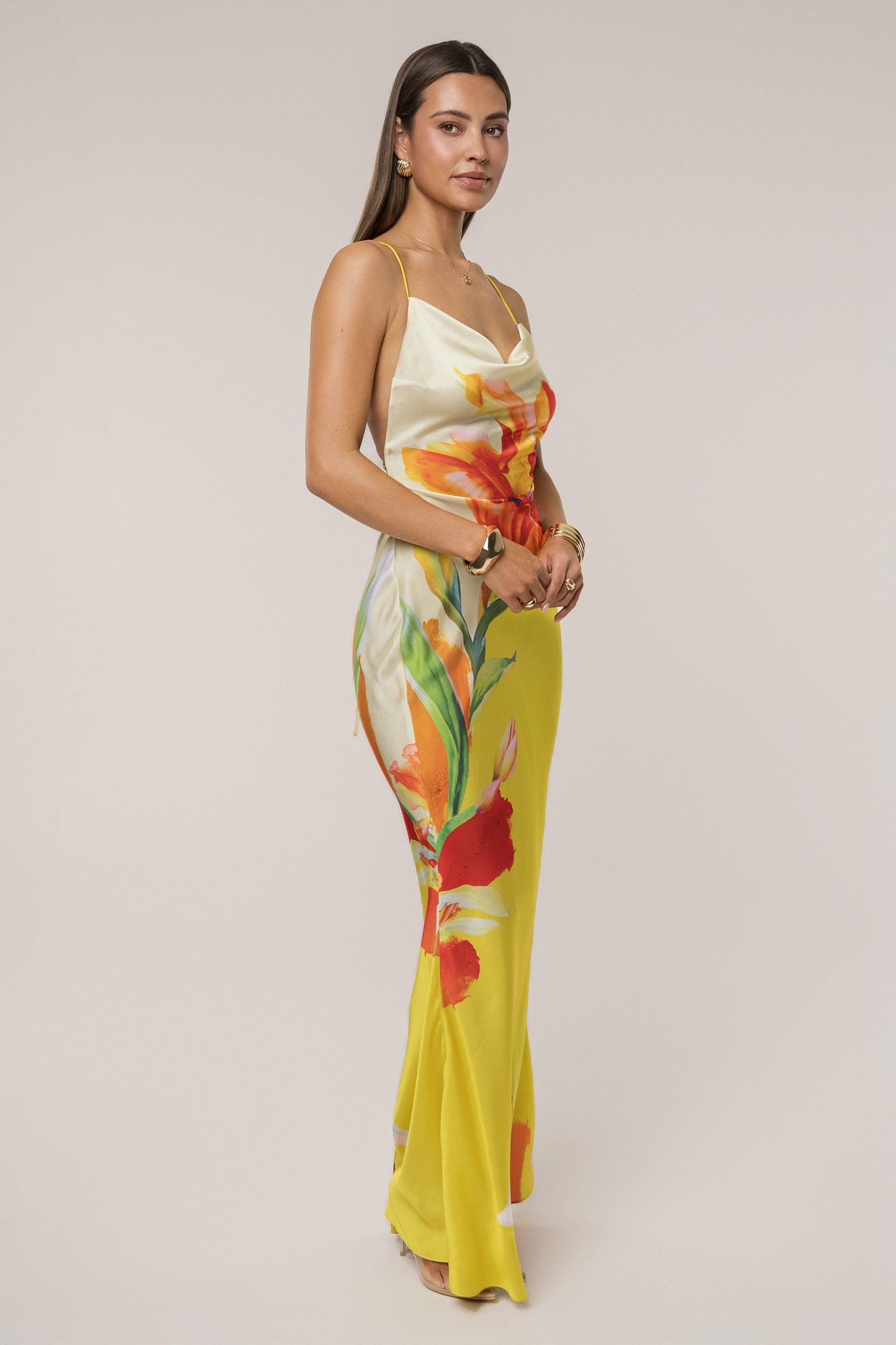 Women’s Gown Dress - Cowl Neck - Spaghetti Straps - Floral Print - Elegant Slim Fit