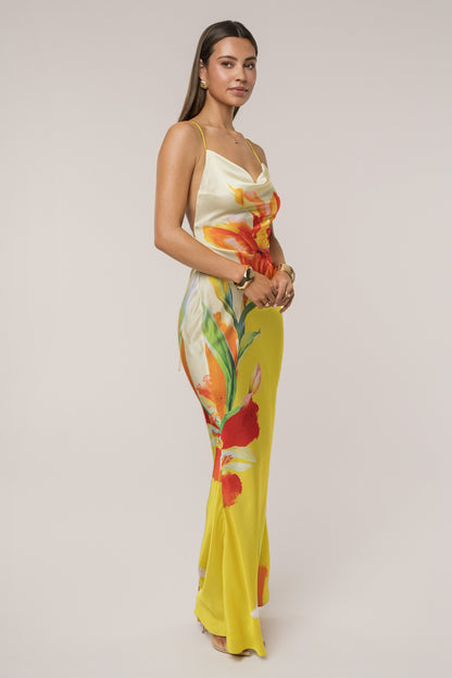 Women’s Gown Dress - Cowl Neck - Spaghetti Straps - Floral Print - Elegant Slim Fit