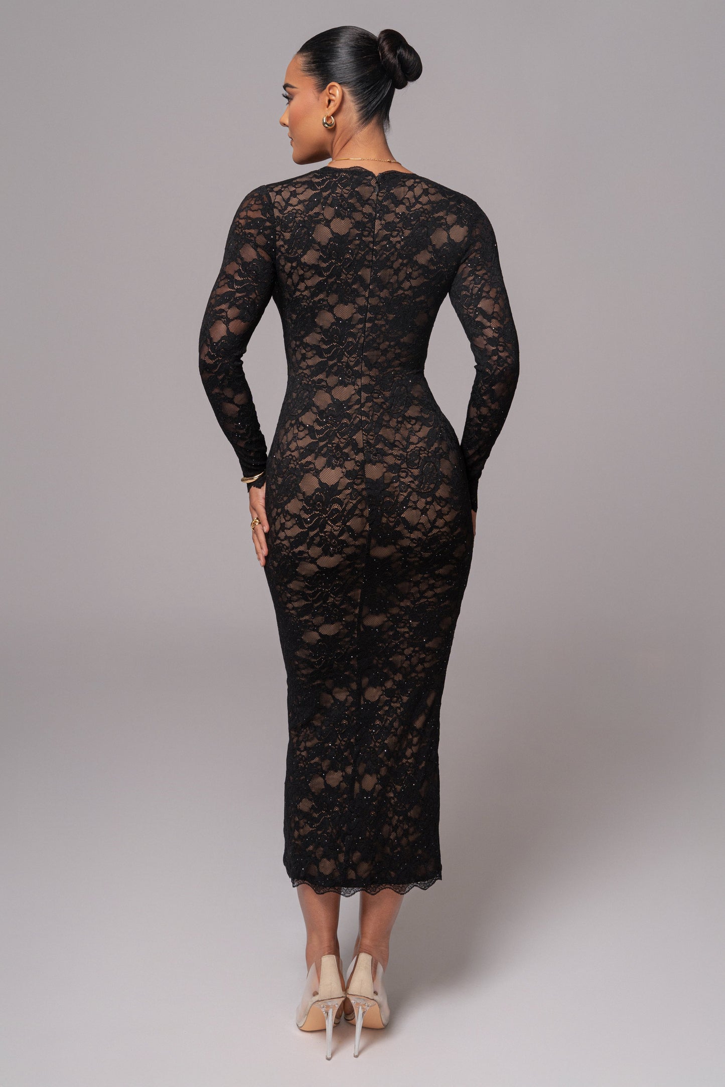 Women's Lace Dress - Long Sleeve - V-Neck - Midi Length - Elegant Formal Wear