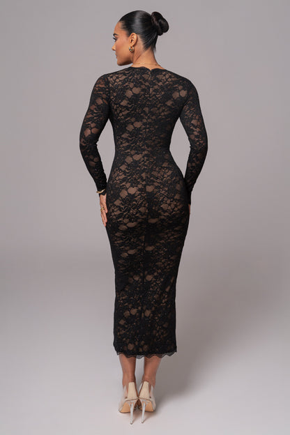 Women's Lace Dress - Long Sleeve - V-Neck - Midi Length - Elegant Formal Wear