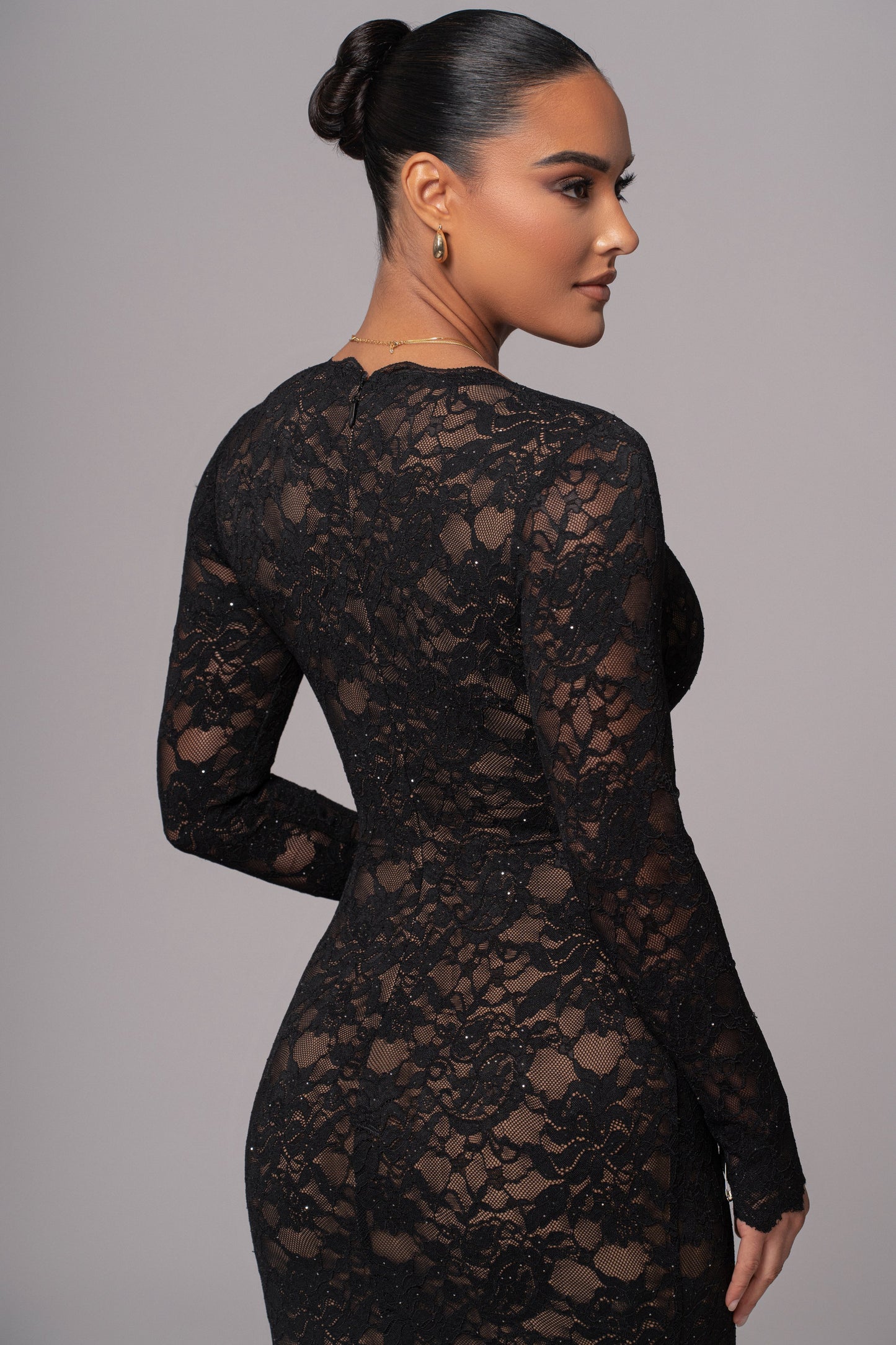 Women's Lace Dress - Long Sleeve - V-Neck - Midi Length - Elegant Formal Wear