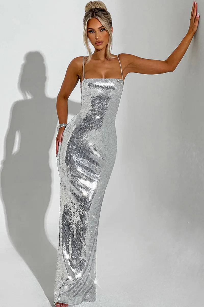 Women’s Evening Gown - Sequin Embellished - Spaghetti Strap - Fitted Floor-Length