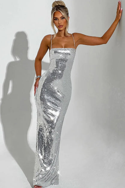 Women’s Evening Gown - Sequin Embellished - Spaghetti Strap - Fitted Floor-Length