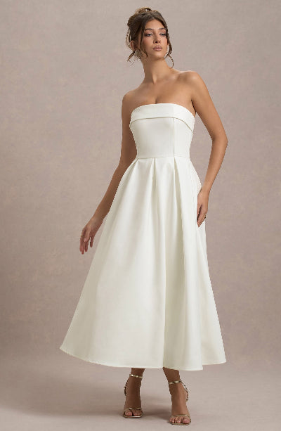 Women’s Strapless A-Line Dress – Fitted Bodice – Midi Length – Elegant Formal Wear
