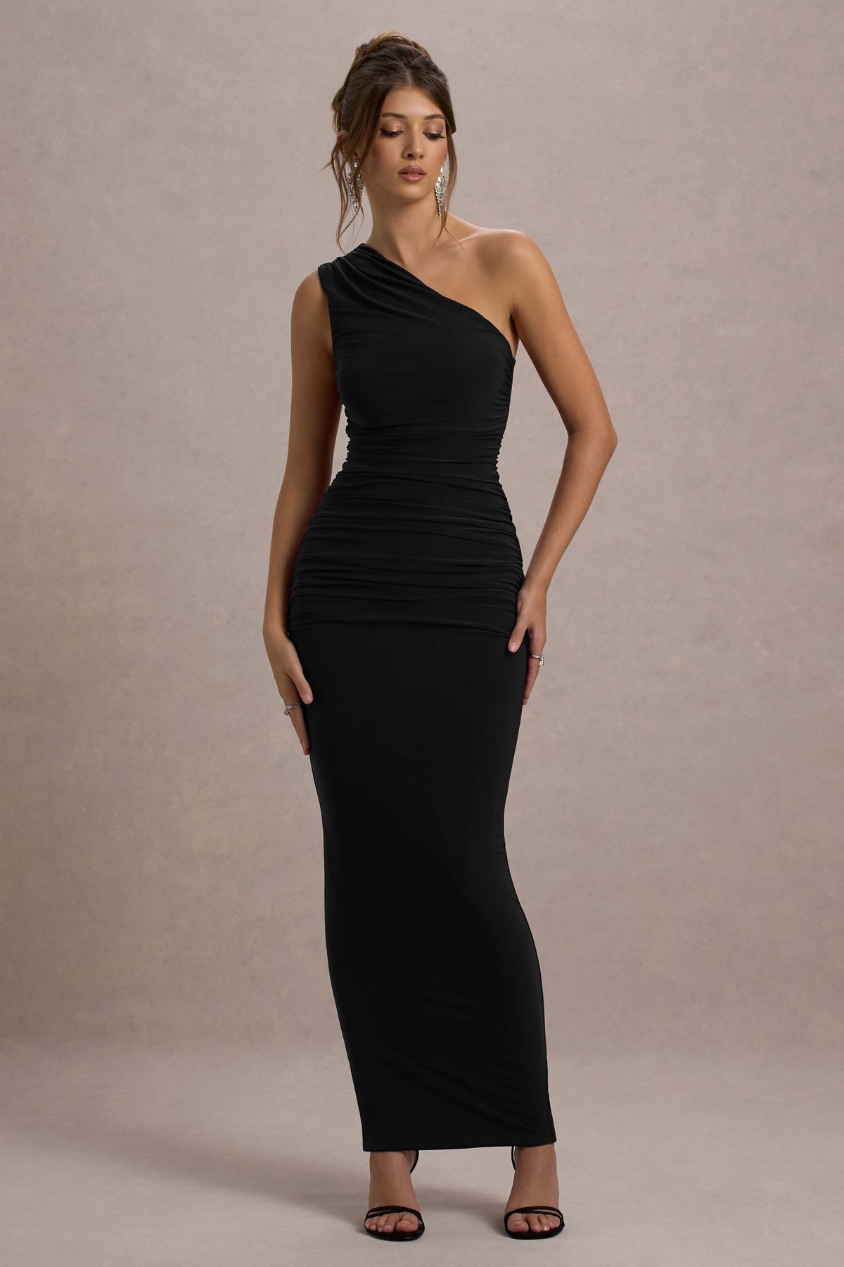 Women’s Evening Gown - One Shoulder - Ruched Fitted Silhouette - Floor Length Formal Wear
