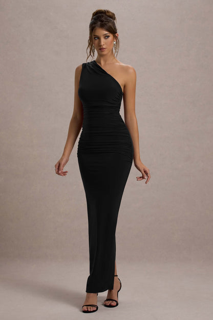 Women’s Evening Gown - One Shoulder - Ruched Fitted Silhouette - Floor Length Formal Wear