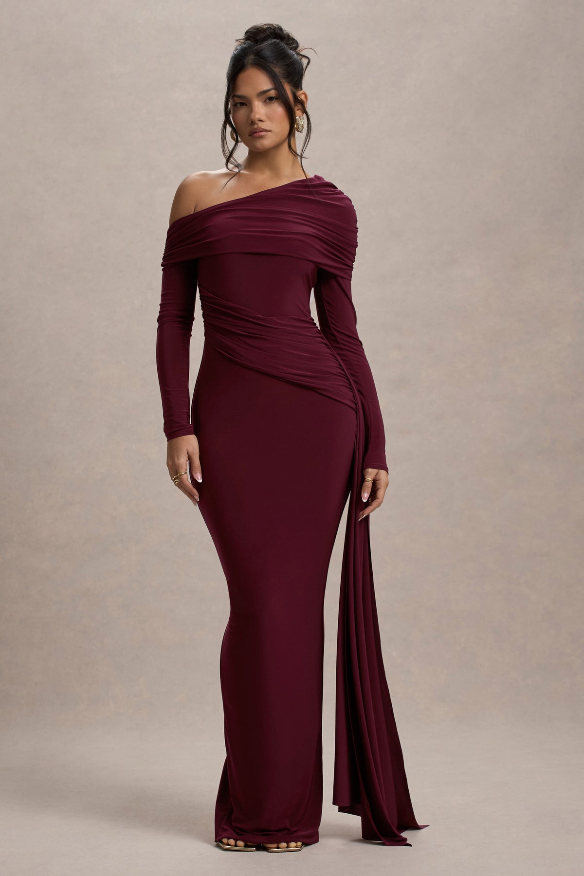 Women’s Evening Gown - One Shoulder - Long Sleeve - Draped Neckline - Fitted Silhouette