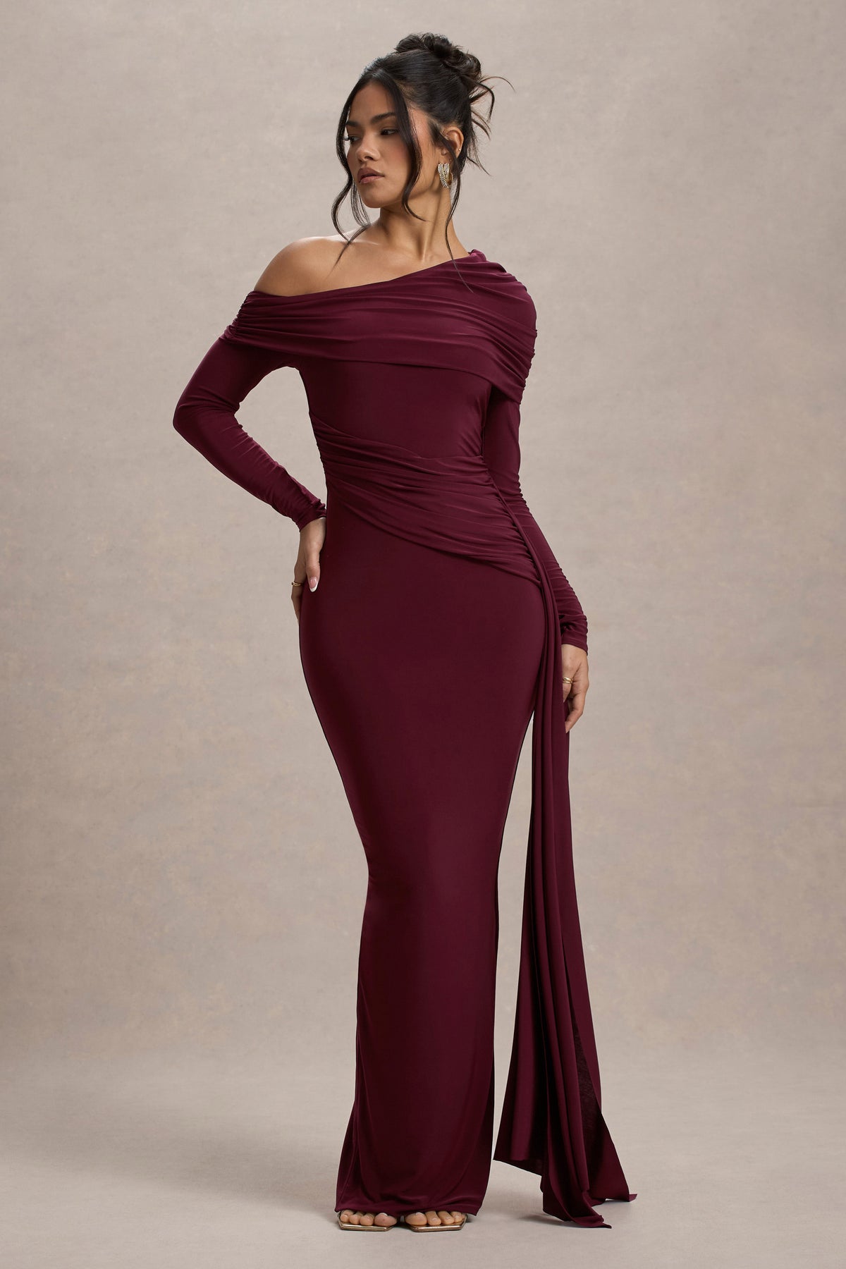 Women’s Evening Gown - One Shoulder - Long Sleeve - Draped Neckline - Fitted Silhouette