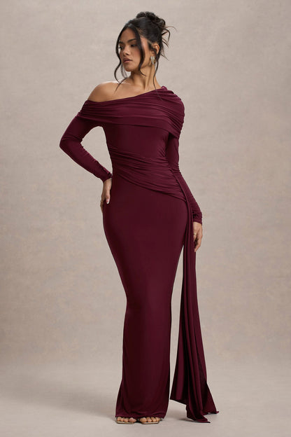 Women’s Evening Gown - One Shoulder - Long Sleeve - Draped Neckline - Fitted Silhouette