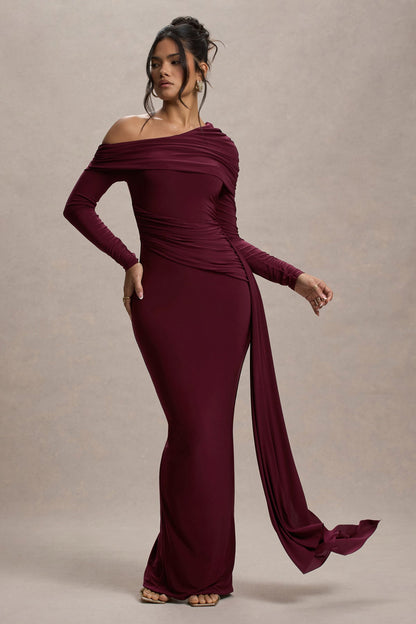 Women’s Evening Gown - Off Shoulder - Long Sleeve - Fitted Silhouette - Side Drape