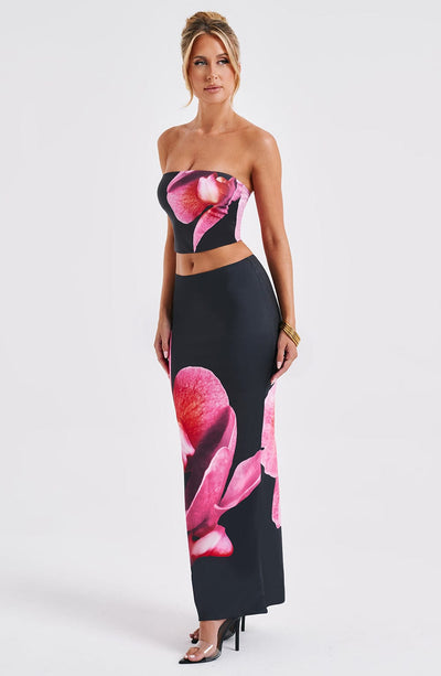 Women’s Two-Piece Set – Strapless Crop Top – Fitted Maxi Skirt – Bold Floral Print